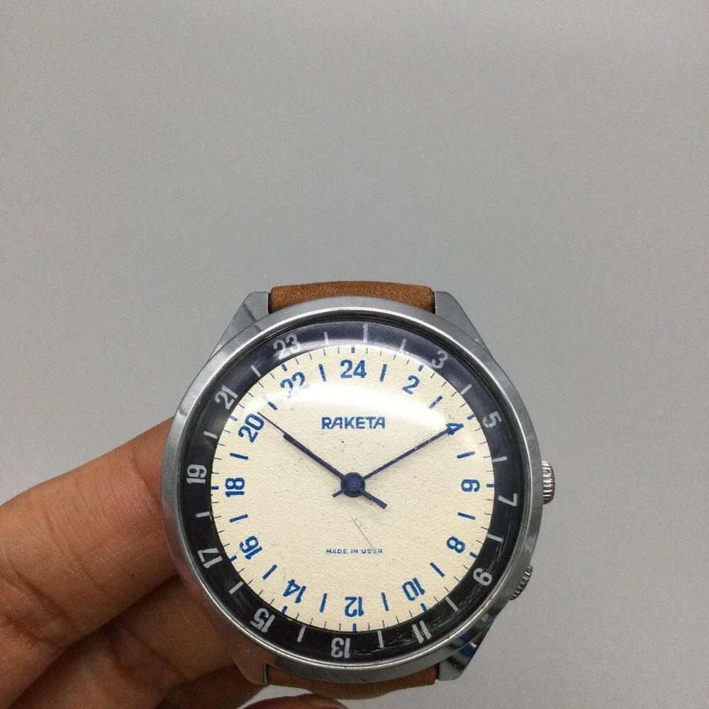 Vintage Raketa Mens Watch 40mm Silver Tone Cream 24 Hour Dial Manual USSR